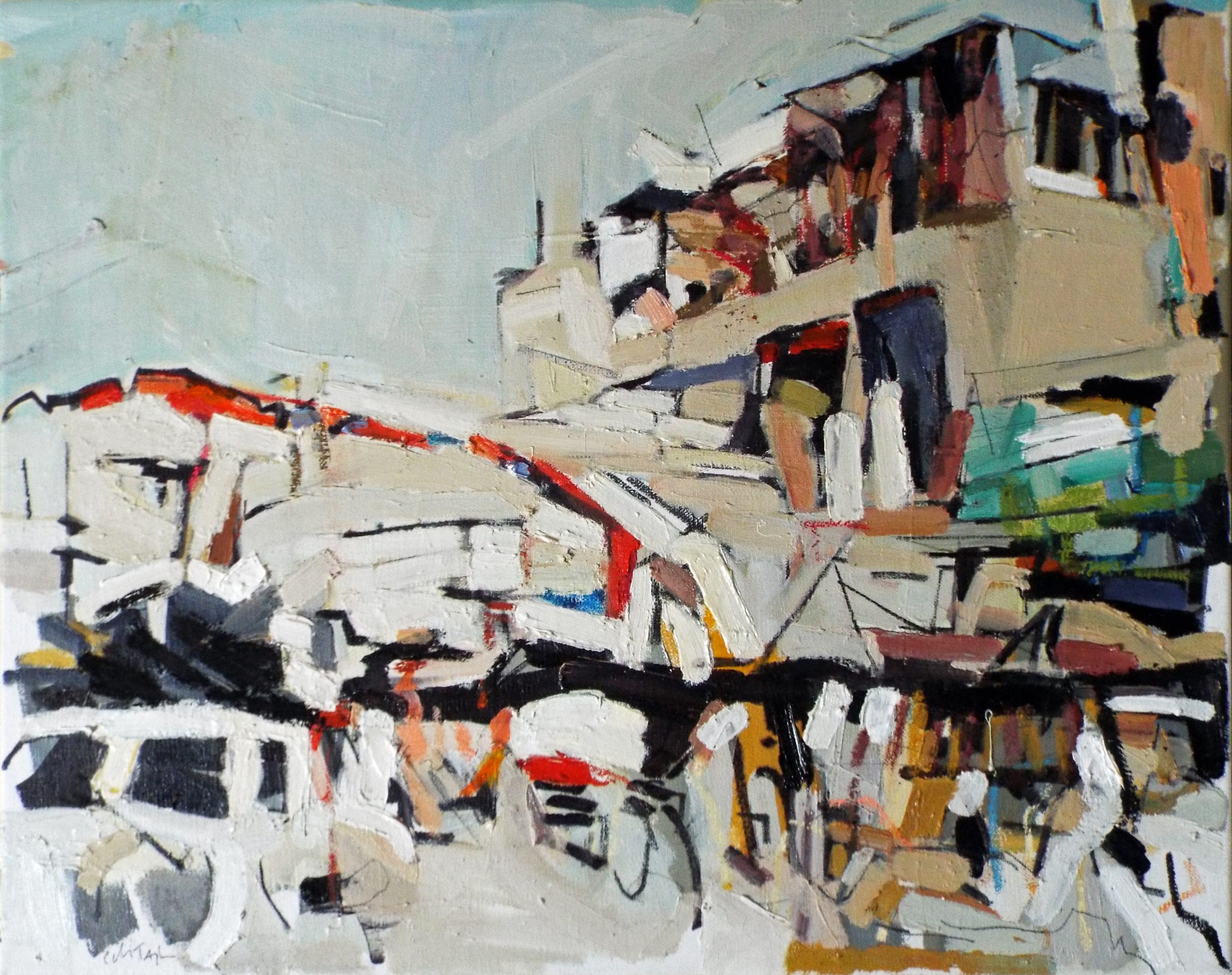 Colin Taylor - Delhi Streetscape - oil, acrylic pen and ink on linen, size: 40x51cm SOLD