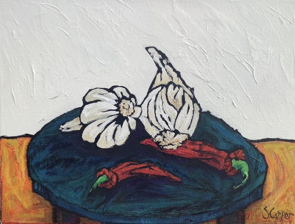 Steve Capper - Garlic and Chilli Peppers - acrylic on canvas, size: 30.5x40cm £800