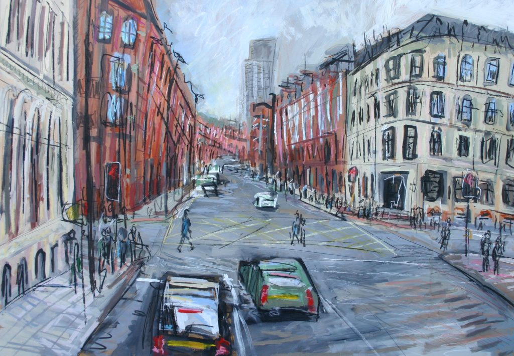 Matthew Thompson - Portland Street From Front of Bus - mixed media on paper, size: 70x100cm £1050