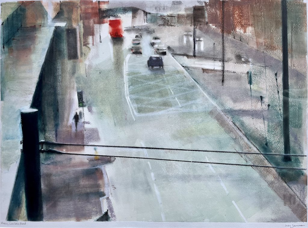 Ian Jarman - Rain London Road - monotype, mixed media, size: 48x67cm SOLD