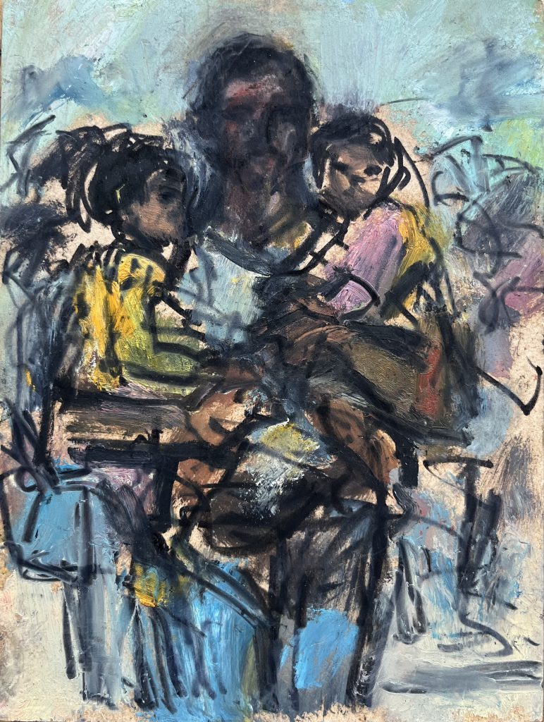 Ghislaine Howard - Refugee Father and Children - oil on board, size: 15x20cm £495