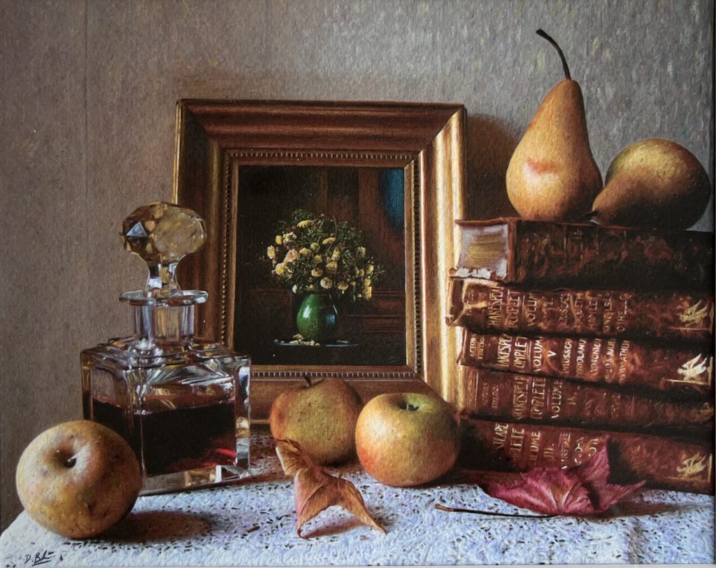 Darren Baker - Still Life with Fruit and Books - pastel and pencil, size: 16x20cm £5950