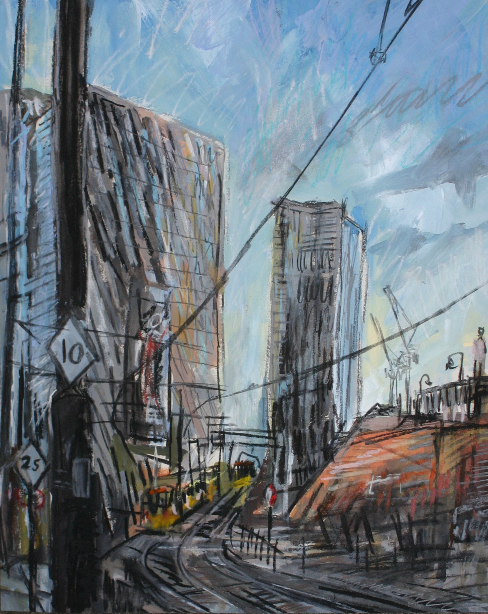 Matthew Thompson - Trams Coming from Deansgate - mixed media on paper, size: 50x40cm £595