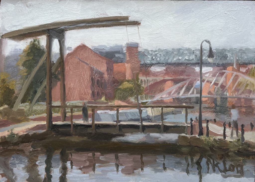 Norman Long - Bridges Old and New - oil on board, size: 25.5x36cm £595