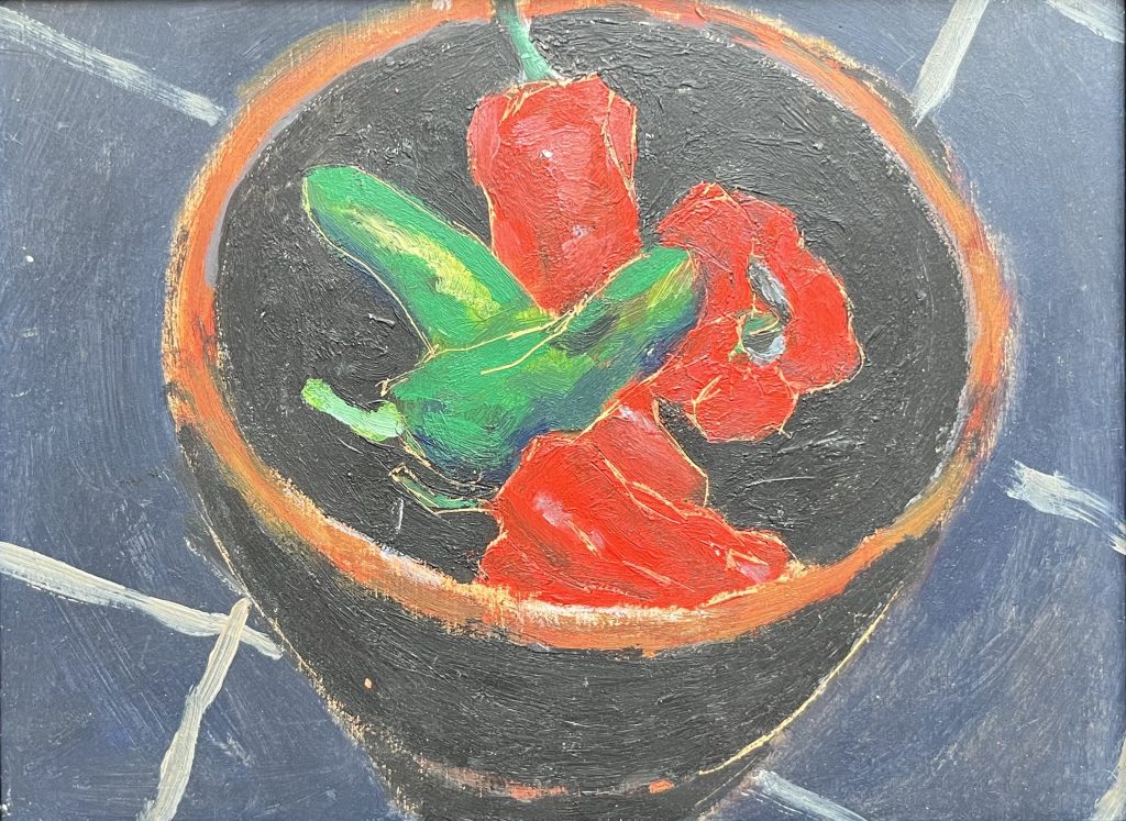 Michael Howard - Chillies in Chinese Bowl - oil/acrylic on board, size: 15x20cm £375