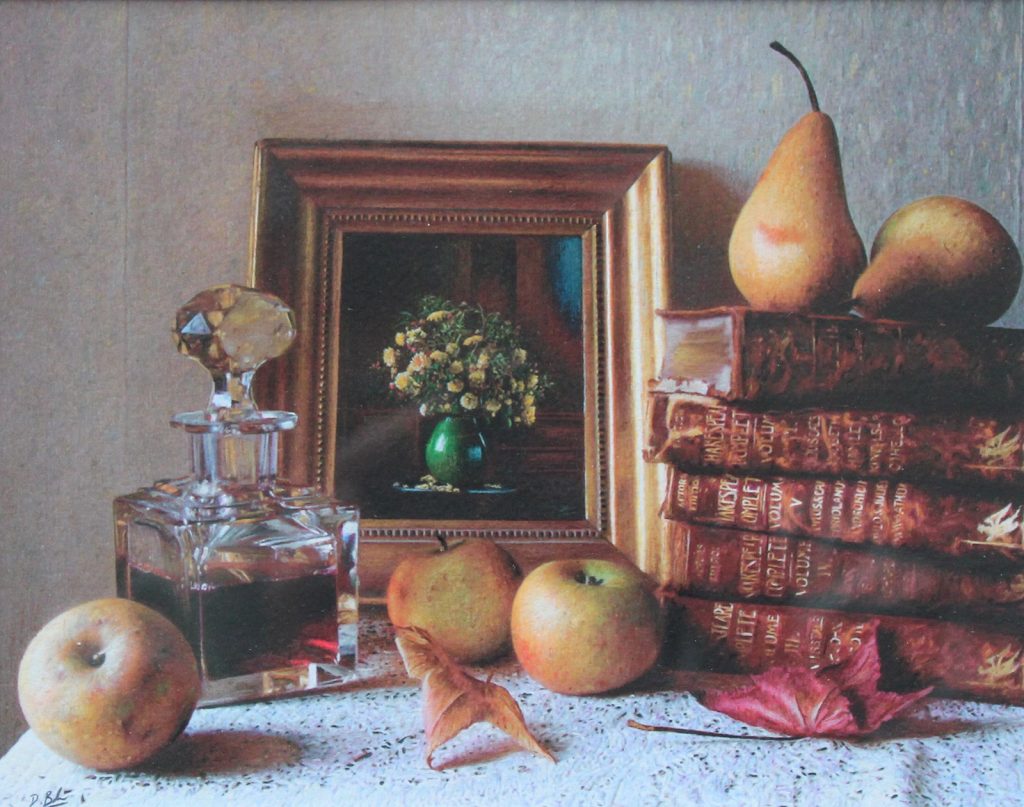 Darren Baker - Still Life with Fruit and Books - pastel and pencil, size: 15.5x20cm P.O.A.