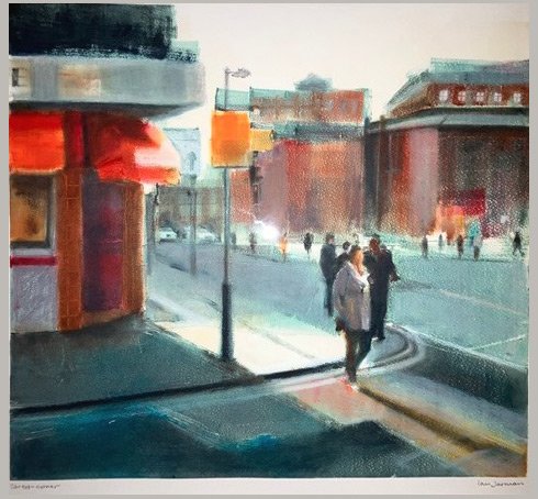 Ian Jarman - Street Corner - monotype, mixed media, signed and framed, size: 44x49cm £950