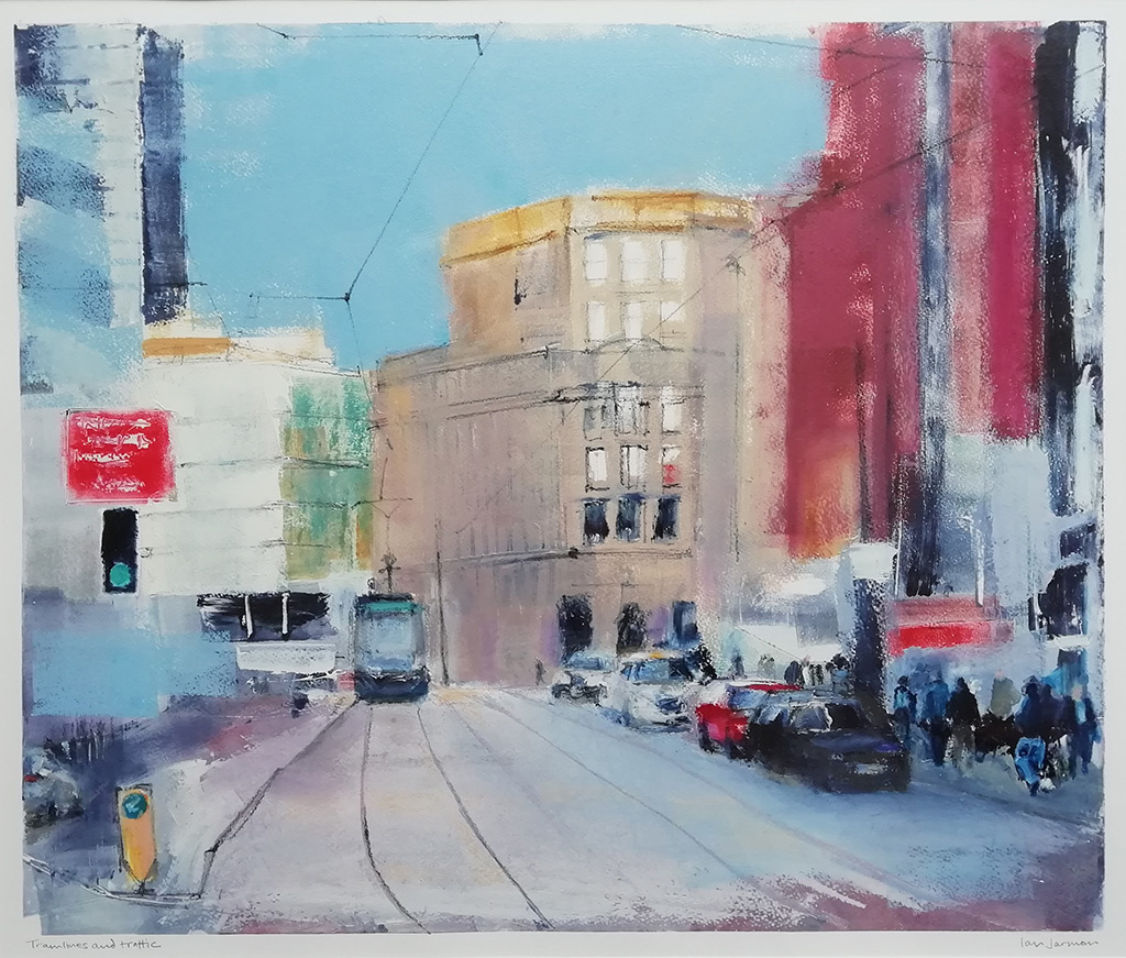 Ian Jarman - Tramlines and Traffic - monotype, mixed media, signed and framed, size: 50x59cm £1,300