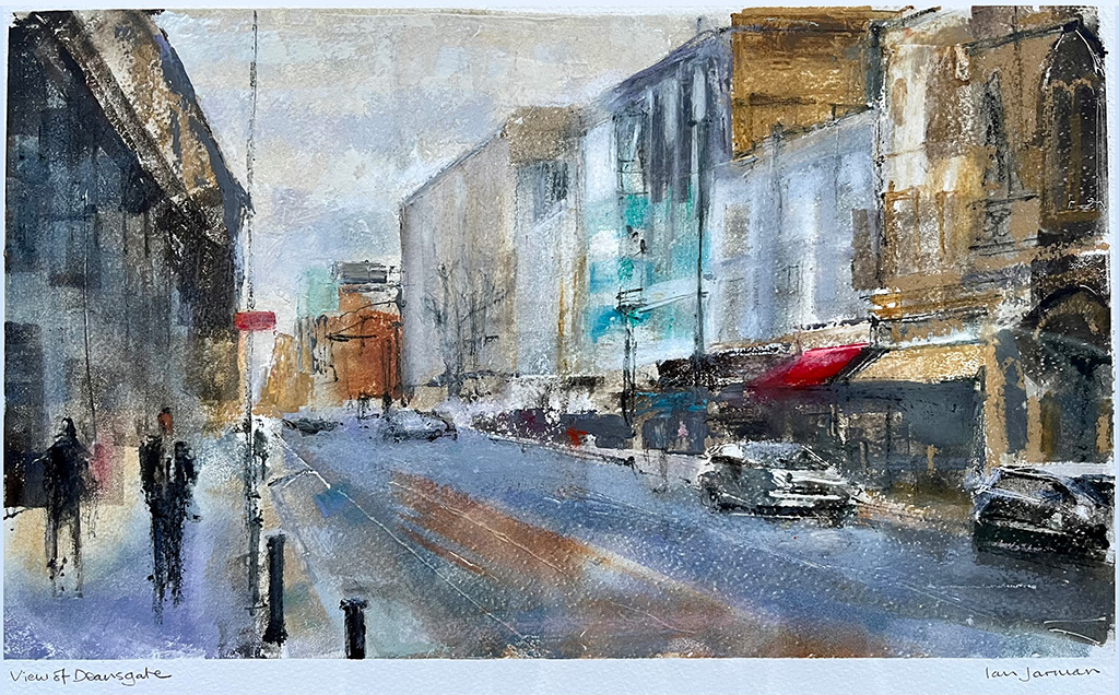 Ian Jarman - View of Deansgate - monotype, mixed media, signed and framed, size: 24x40.5cm £675