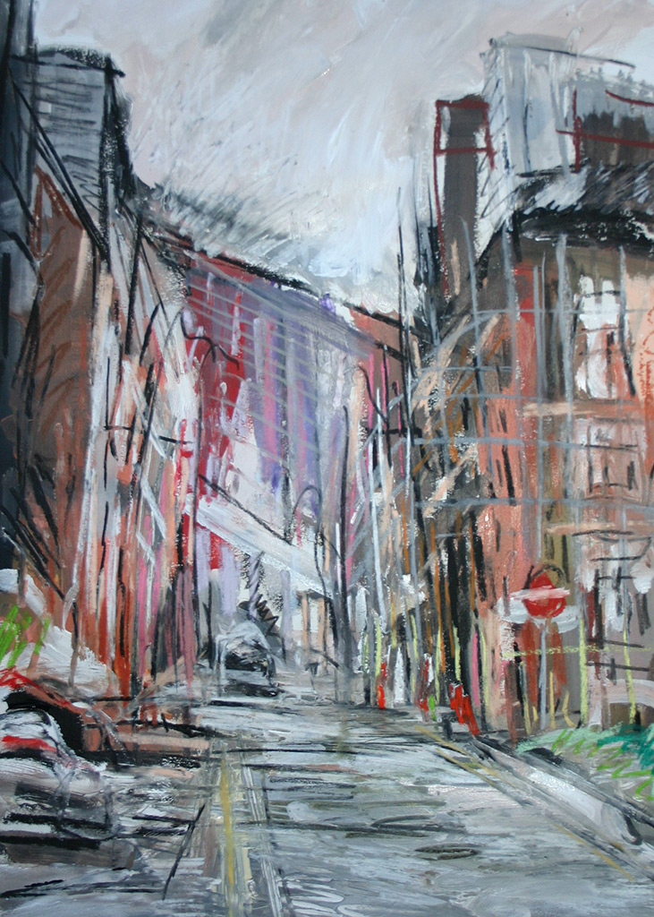 Matthew Thompson - Street Scene with Scaffolding - mixed media on paper, unframed size: 50x35cm £525
