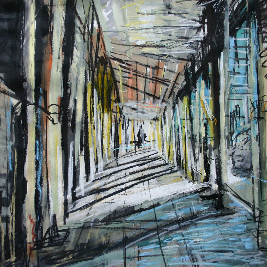 Matthew Thompson - Under the Scaffolding - mixed media on paper, unframed size: 50x50cm SOLD