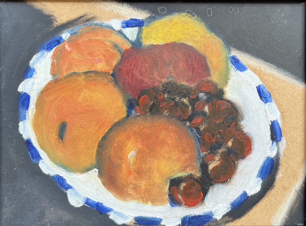 Michael Howard - Still Life on a White and Blue Plate - 20x15cm, oil/acrylic on board, £375