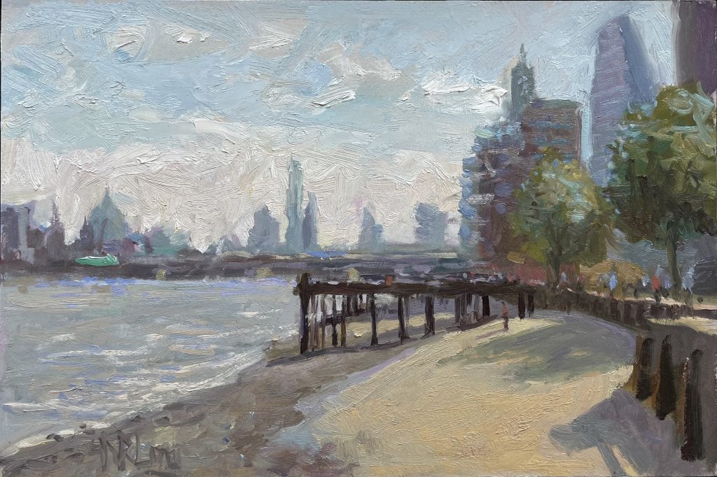 Norman Long - Study of the City from Southbank - 46×30.5cm, oil on board, £795