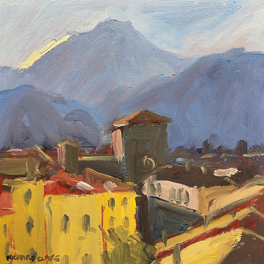 Richard Clare - Rooftops and Mountains of North Tuscany - oil on board, size: 25x25cm £525