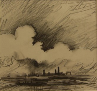 Trevor Grimshaw - Clouds and Chimneys - ink and pencil, unframed, size: 15x16.5cm SOLD
