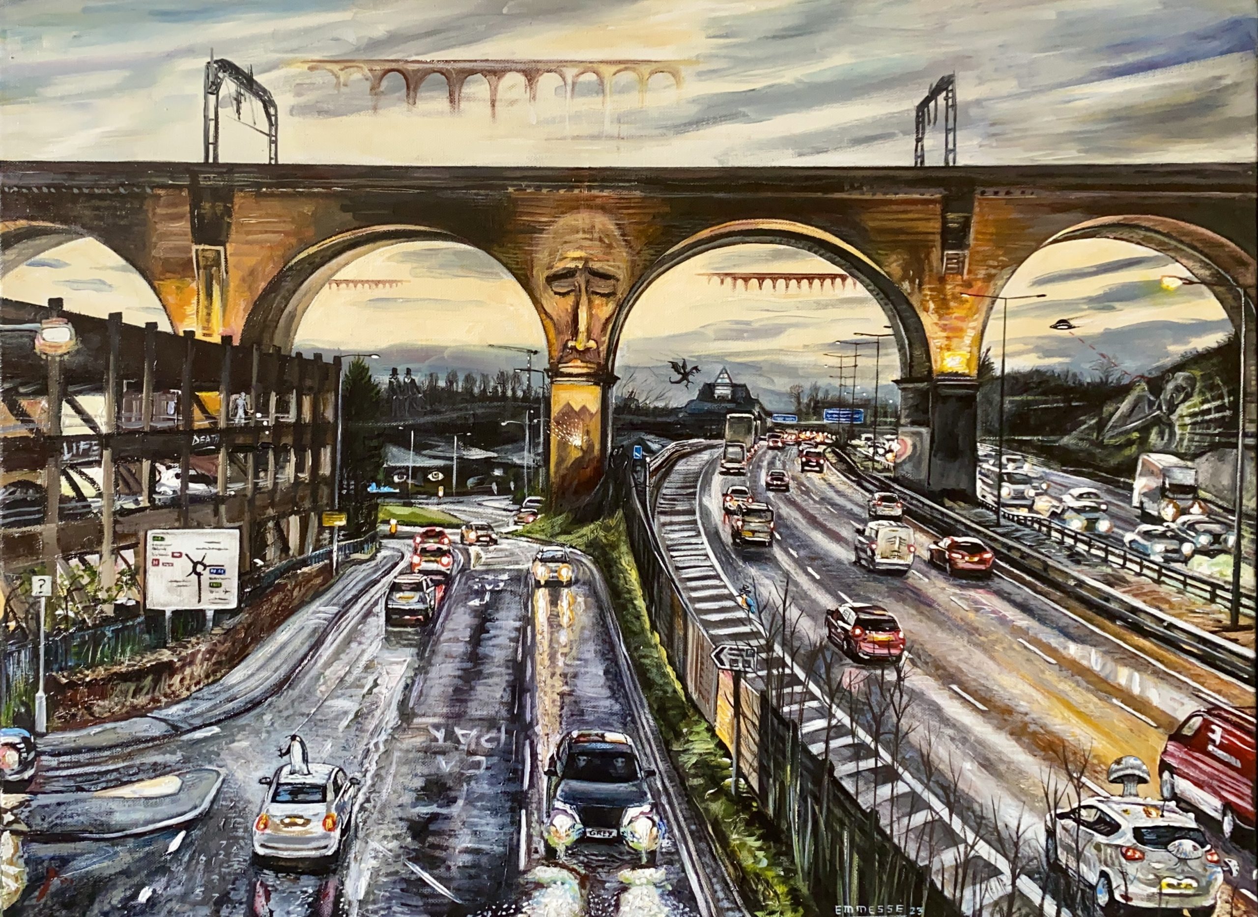Emmesse (Michael Smith) - An Evening Stroll under Stockport Viaduct - acrylic on canvas 60x80cm £850