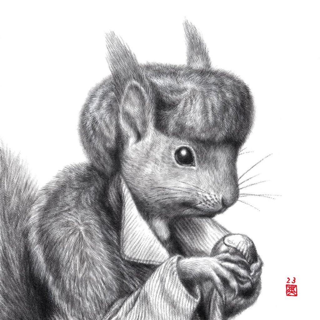 Hideyuki Sobue - Portrait #20 (Red squirrel with grey squirrel fur hat) - Japanese Sumi ink & acrylic on aluminium plate £995