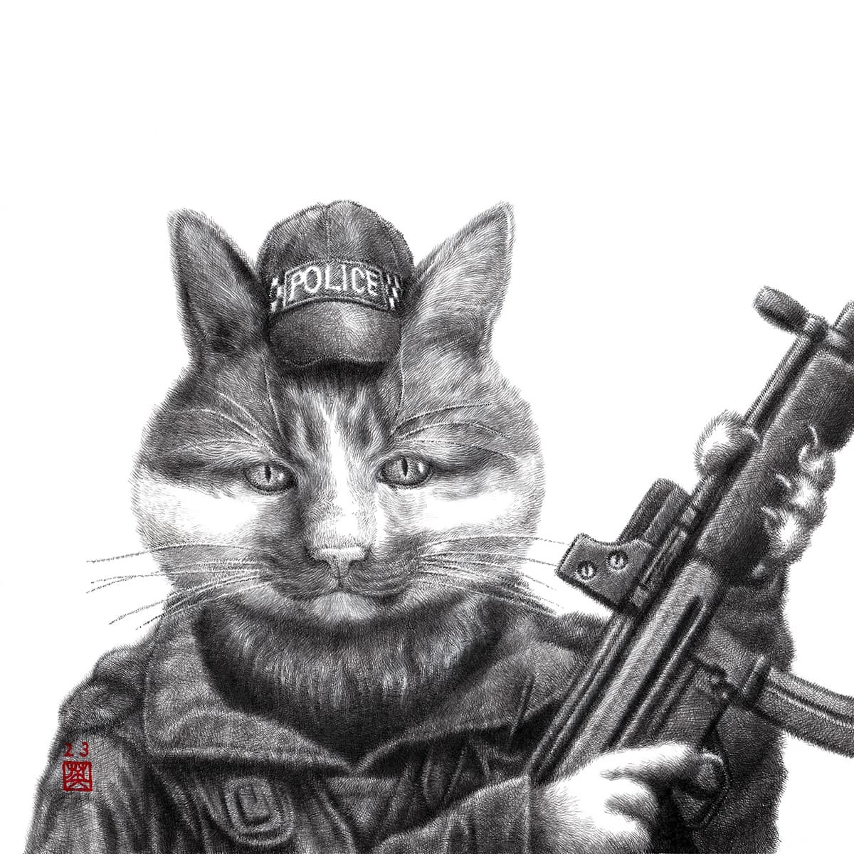Hideyuki Sobue - Portrait #15 (Cat, an Armed Policewoman) - Japanese Sumi ink & acrylic on aluminium plate, 20x20cm £995