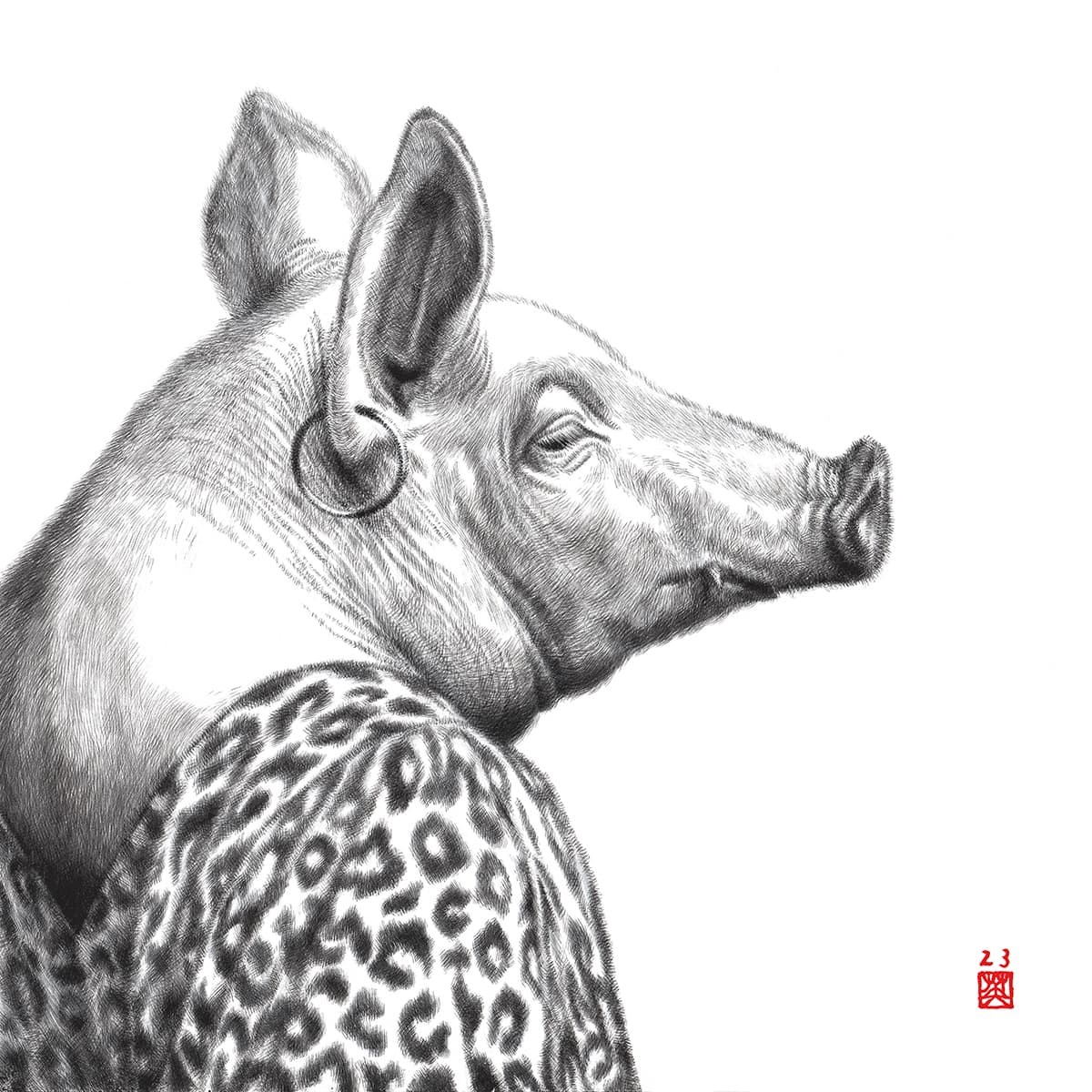 Hideyuki Sobue - Portrait #17 (Pig in Leopard Dress) - Japanese Sumi ink & acrylic on aluminium plate, 20x20cm £995