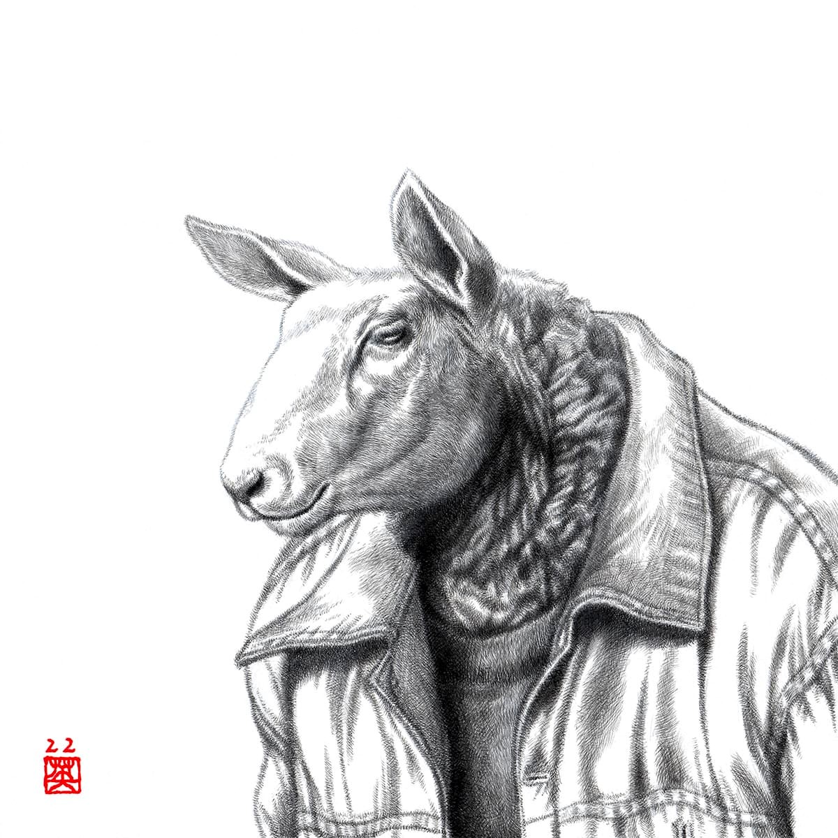 Hideyuki Sobue - Portrait #08 (Sheep in Jeans Jacket) - Japanese Sumi ink & acrylic on aluminium plate, 20x20cm £995
