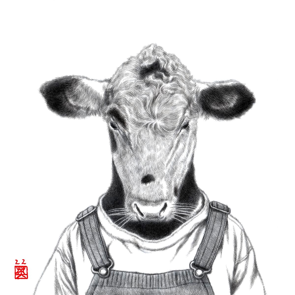 Hideyuki Sobue - Portrait #12 (Calf in Dungaree) - Japanese Sumi ink & acrylic on aluminium plate, 20x20cm £995