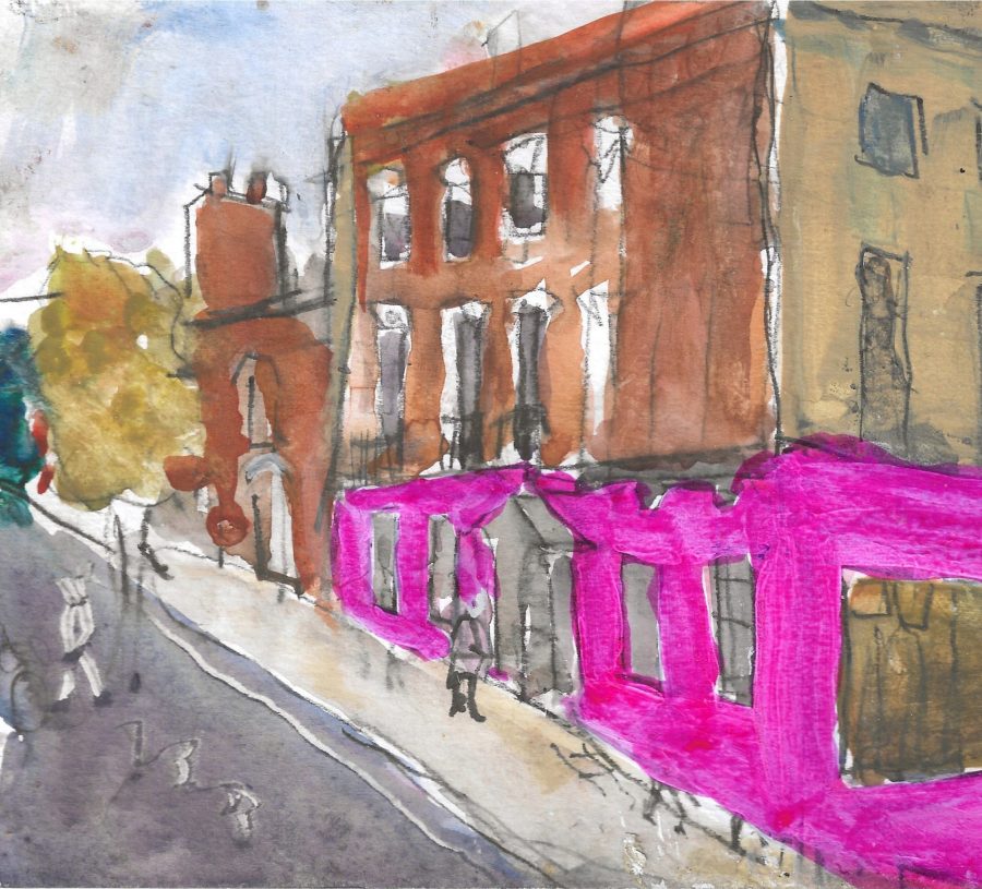 Gina Ward - Pink House Bristol - acrylic 16x14.5cm Gina Ward - Pink House Bristol - acrylic 16x14.5cm