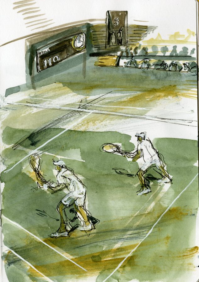 Julia Midgley - Court 2 Wimbledon - Bryan Brothers - Watercolour & Ink 20x13cm Framed £380 Julia Midgley - Court 2 Wimbledon - Bryan Brothers - Watercolour & Ink 20x13cm Framed £380