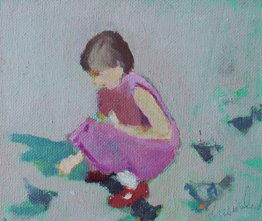 Gina ward - Child and Pigeons -  oil on board 12.5x14.5cm unframed £250