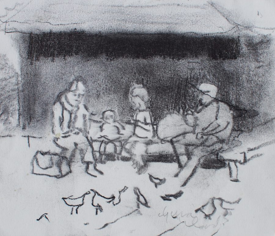 Gina Ward - Feeding the Birds - Charcoal 15x17cm unframed £175