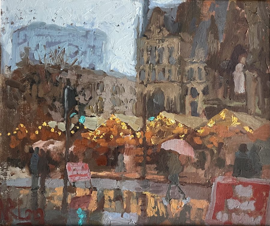 Norman Long - Christmas Market - oil on board 25x30cm £595 Norman Long - Christmas Market - oil on board 25x30cm £595