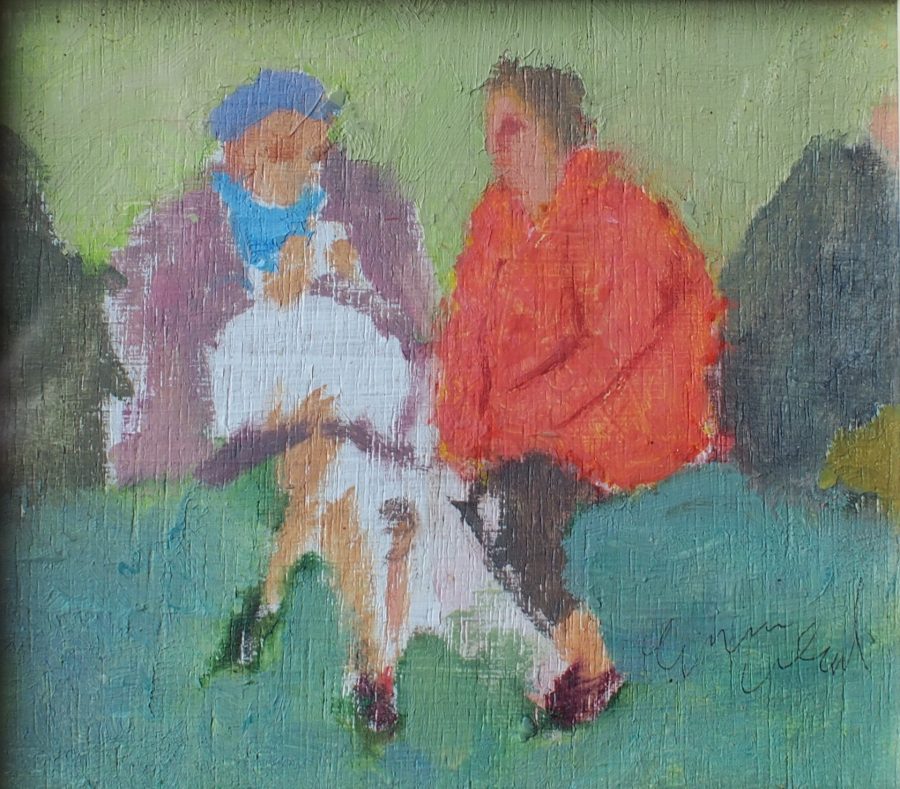Two Women in Conversation - oil on board 10x11.5cm Framed £250