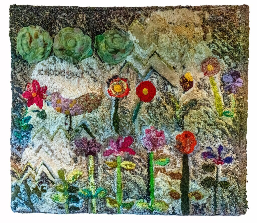 Lynne Stein - Cabbages and Lots of Flowers - Gun-tufted, needle-felted, and embellished textile. Recycled and new fabrics and fibres. 95x107cm - &pound;6,500