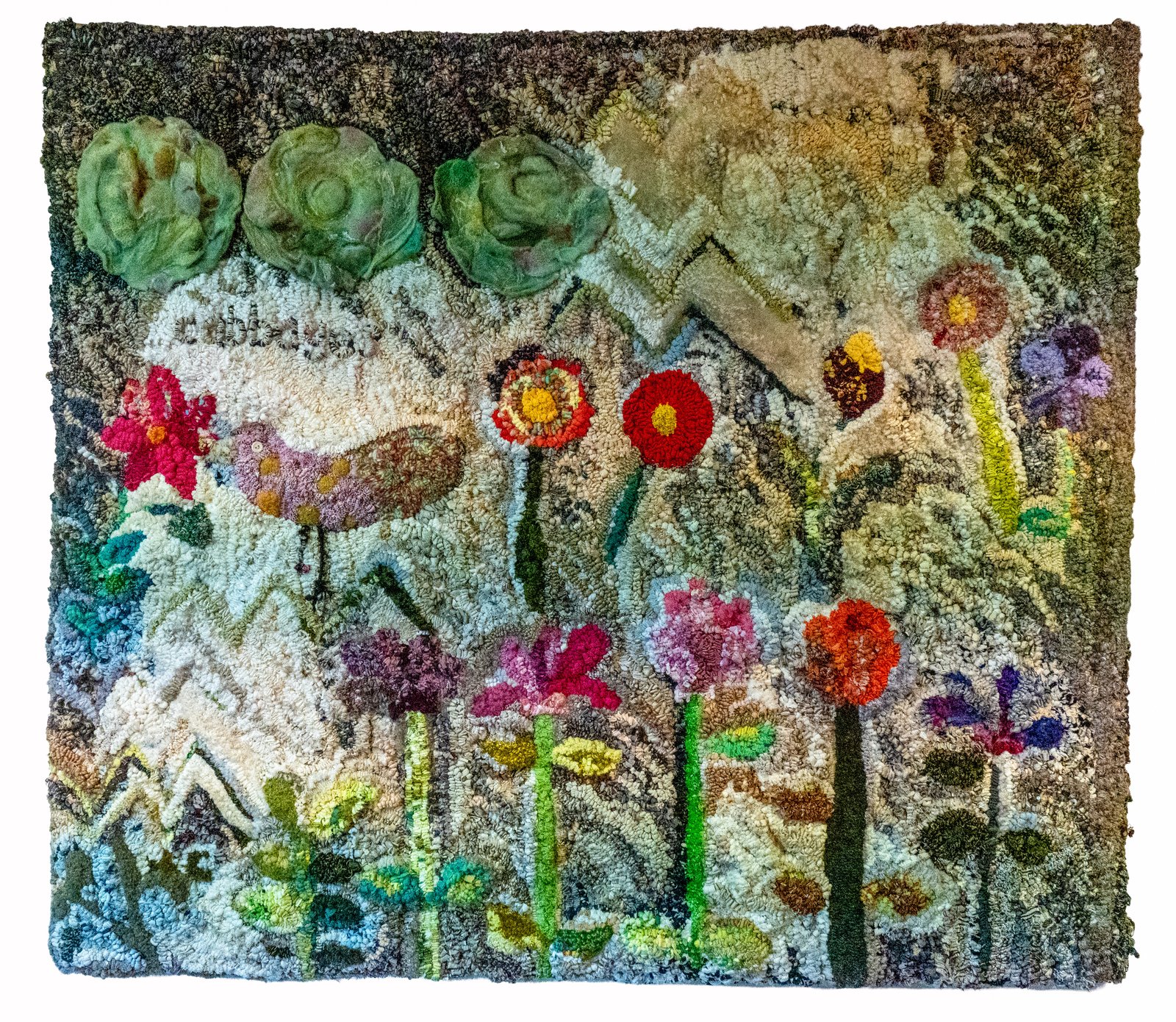 Lynne Stein - Cabbages and Lots of Flowers - Gun-tufted, needle-felted, and embellished textile. 95x107cm - £6500 Lynne Stein - Cabbages and Lots of Flowers - Gun-tufted, needle-felted, and embellished textile. 95x107cm - £6,500