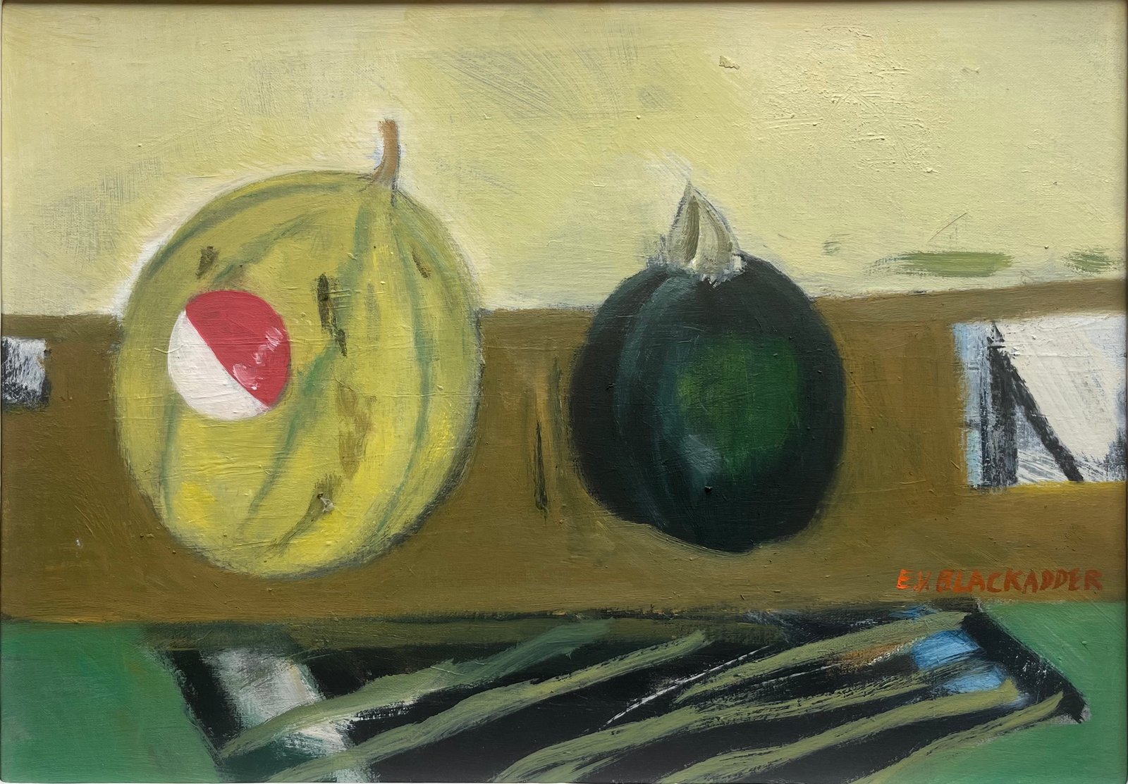 Elizabeth Blackadder - Fruit and Striped Cloth - oil on canvas 25x35.5cm &pound;4500