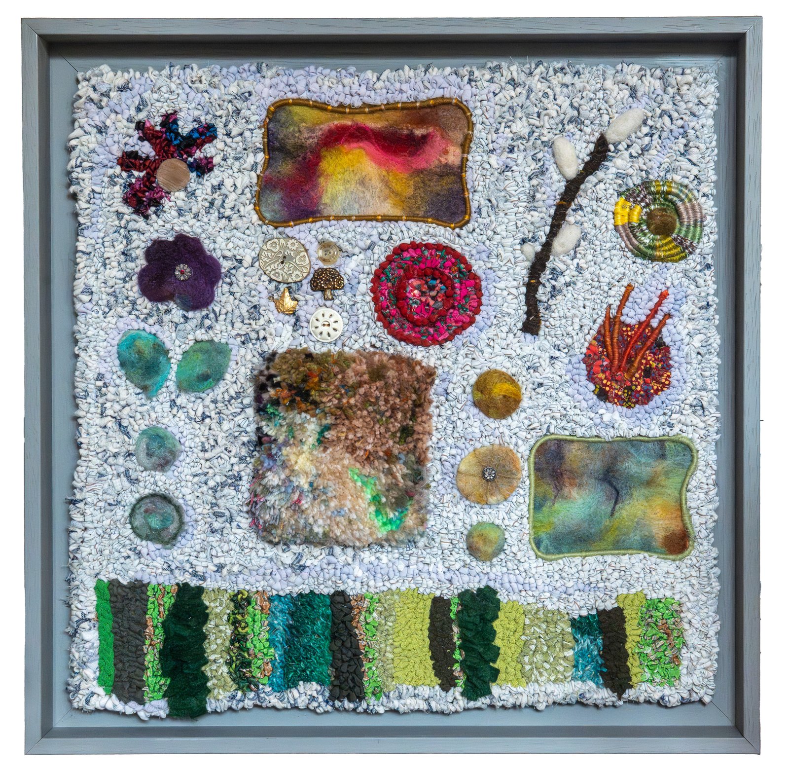 Lynne Stein - Sparrow Lane Allotments 1 - Hand-hooked, needle-felted, wrapped, stitched, and embellished textile. 48x48cm framed, 44x44cm unframed - £975 Lynne Stein - Sparrow Lane Allotments 1 - Hand-hooked, needle-felted, wrapped, stitched, and embellished textile. 48x48cm framed, 44x44cm unframed - £975