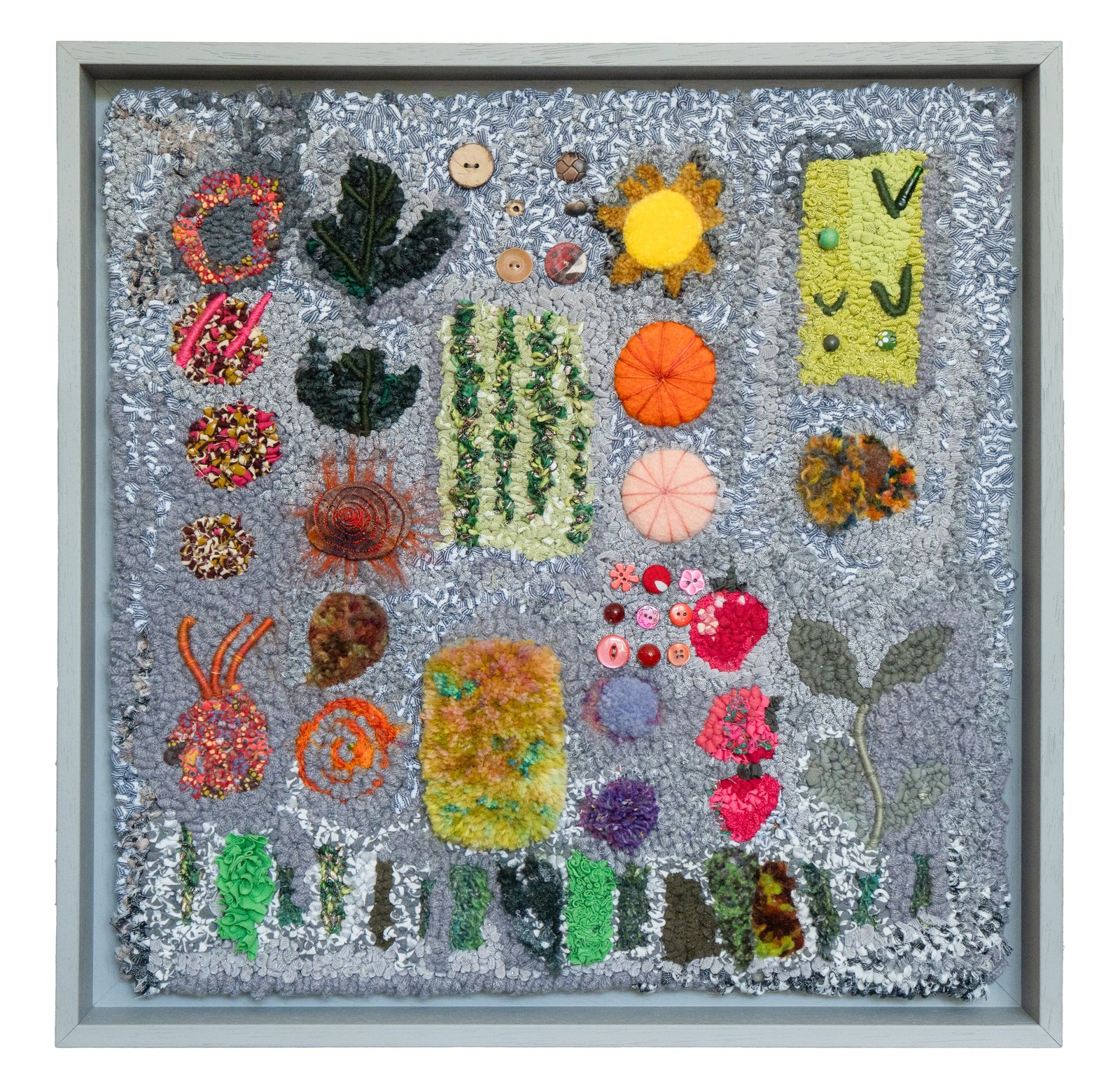 Lynne Stein - Sparrow Lane Allotments 2 - Hand-hooked, needle-felted, wrapped, stitched, and embellished textile. 50x50cm framed, 44x44cm unframed - £975 Lynne Stein - Sparrow Lane Allotments 2 - Hand-hooked, needle-felted, wrapped, stitched, and embellished textile. 50x50cm framed, 44x44cm unframed - £975