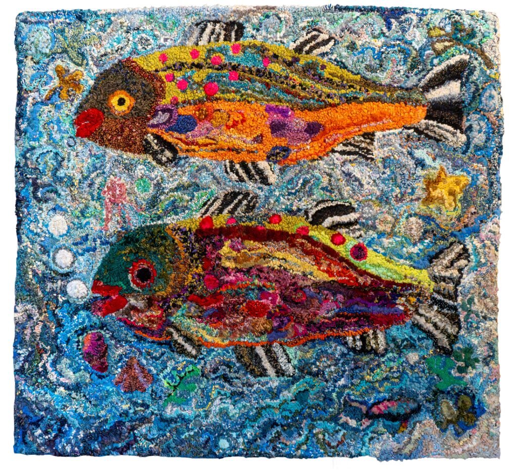 Lynne Stein - Two Fishes - Hand-hooked textile. Recycled and new fabrics and fibres. 99x107cm - &pound;3,900