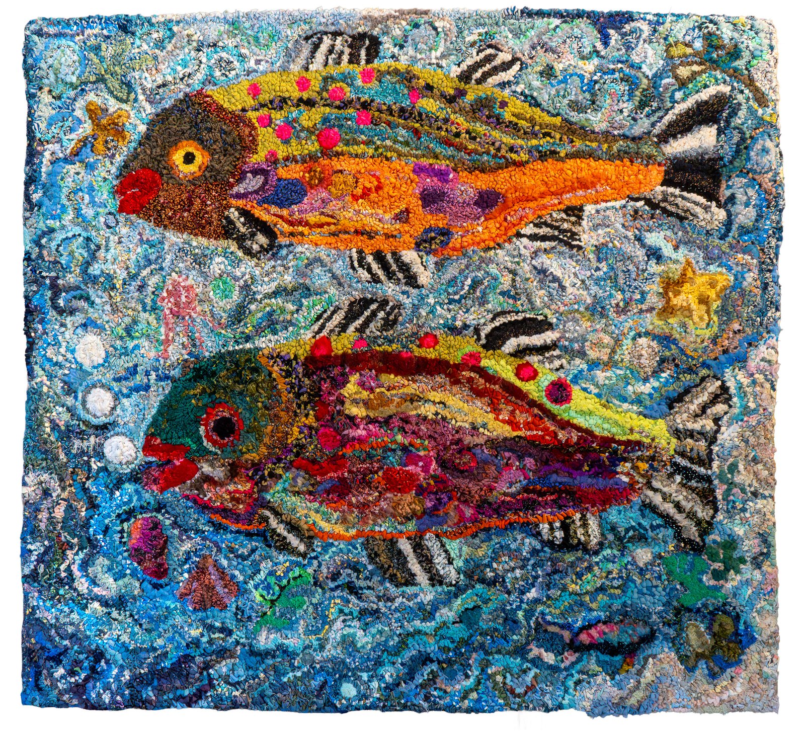 Lynne Stein - Two Fishes - Hand-hooked textile 99x107cm - £3900 Lynne Stein - Two Fishes - Hand-hooked textile. 99x107cm - £3,900